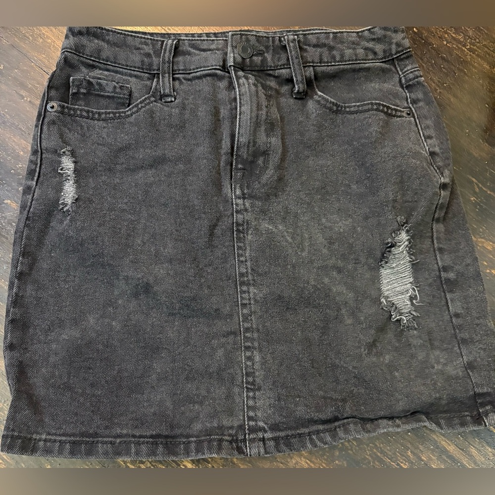Distressed Black Denim Skirt